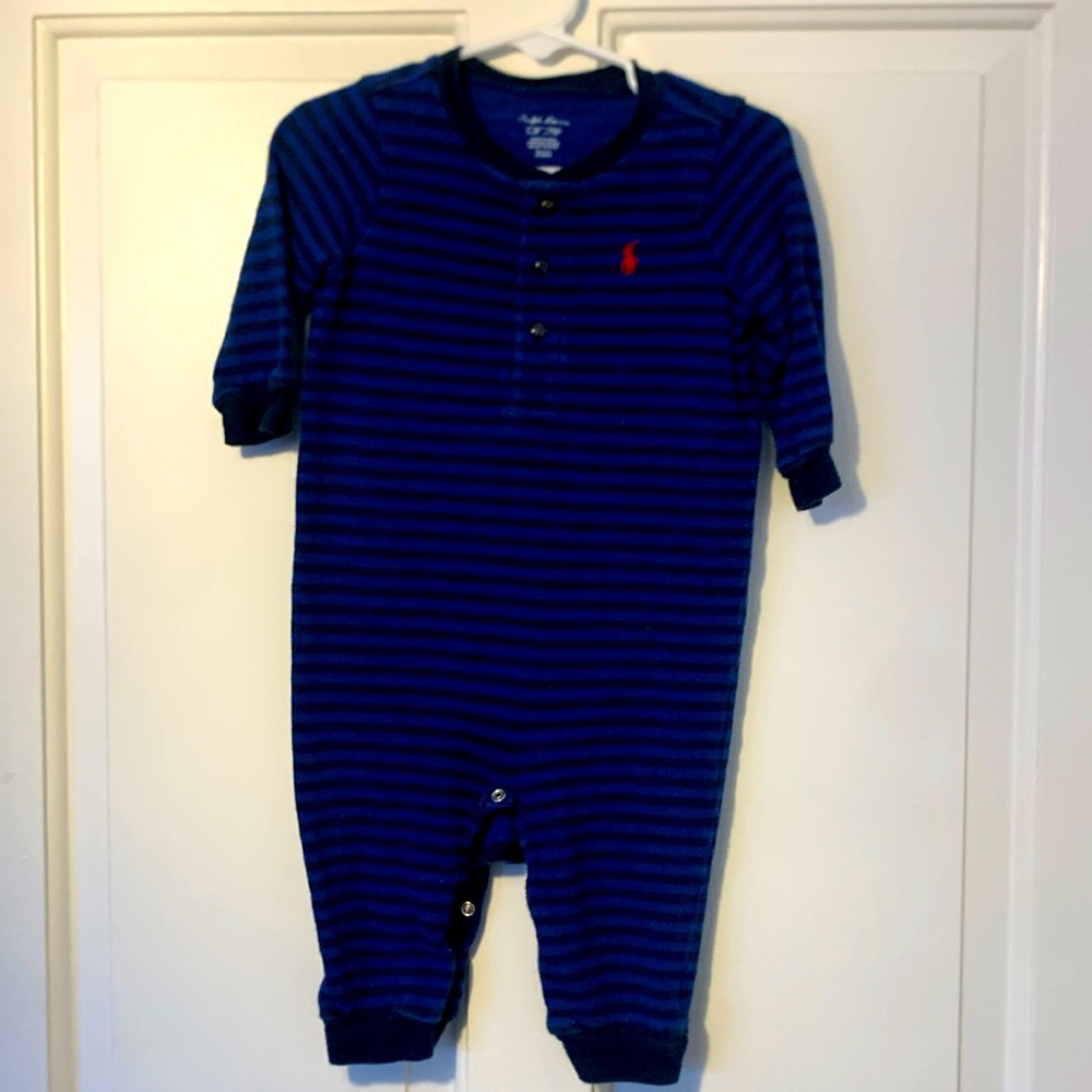 Ralph Lauren striped blue and black striped onesie.